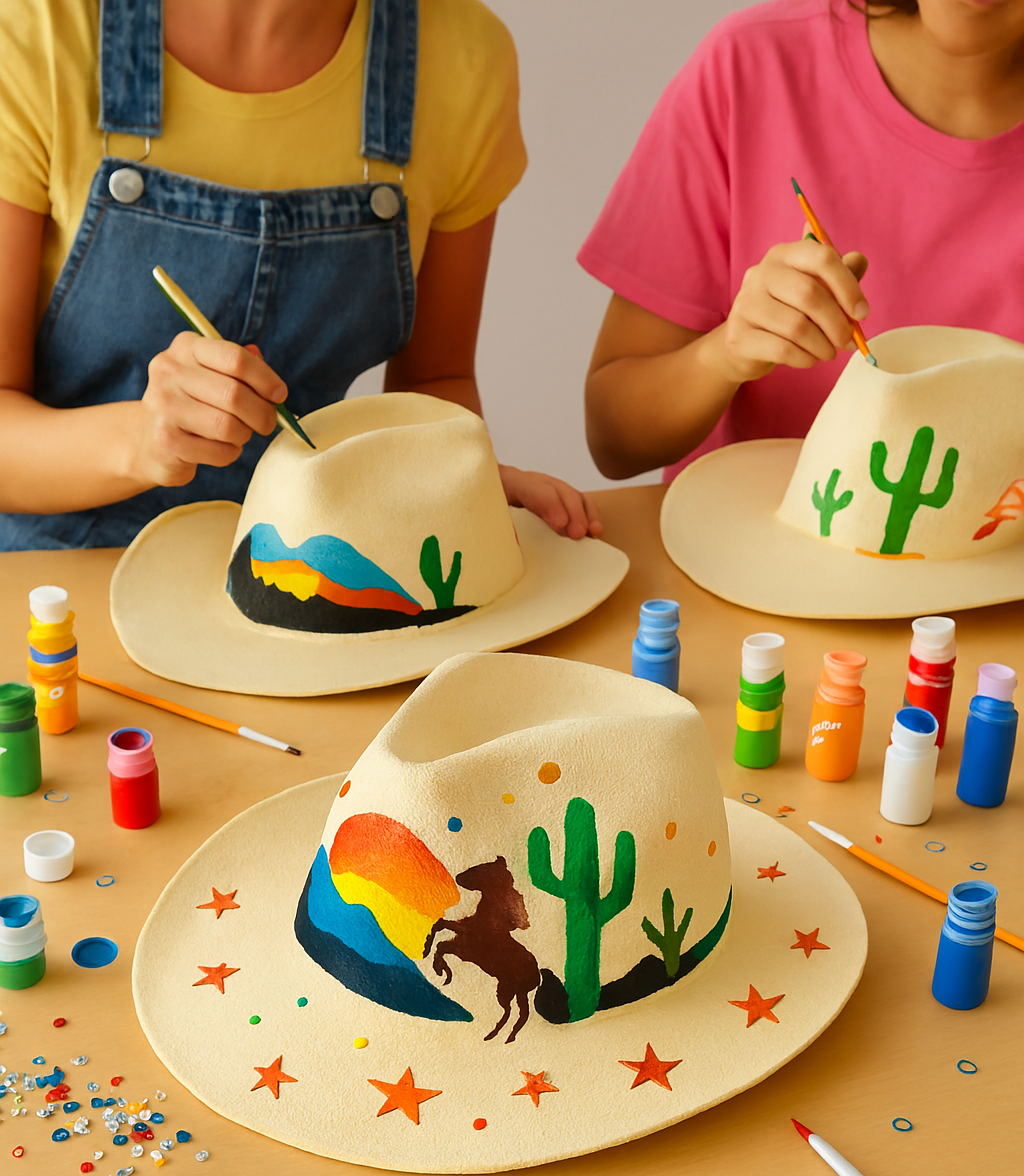 Two people painting hats with colorful designs on a table with paint supplies.