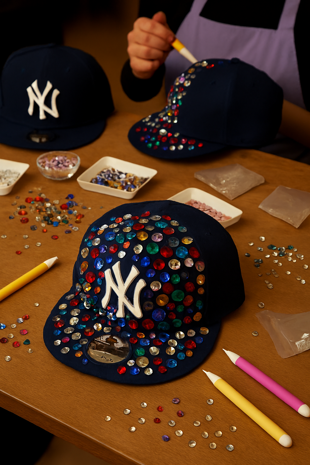 Person decorating a New York Yankees cap with colorful rhinestones on a table.