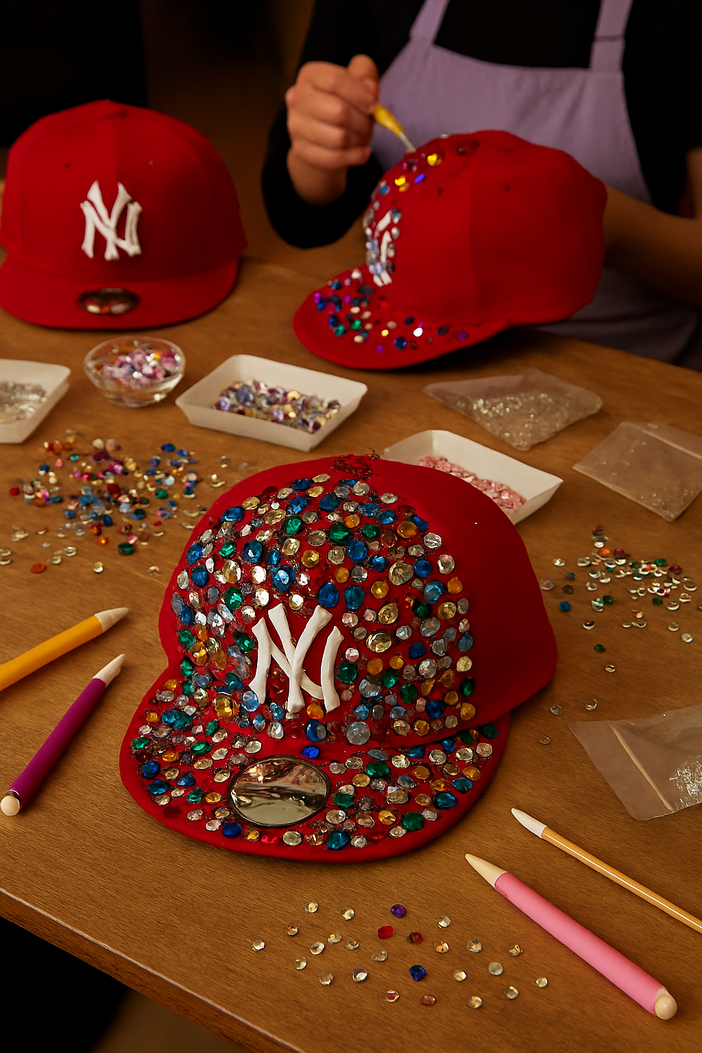 Person decorating a red cap with colorful rhinestones on a table.